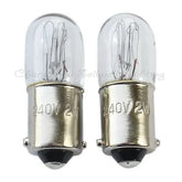 Two miniature 240v 2w ba9s t10x28 lamps with clear glass and metal base